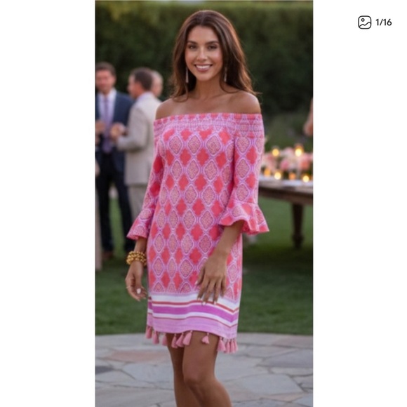 NWT Cabana Life Pink-Orange Smocked Off Shoulder Mini Dress Sizes XS, S, M & XL - Picture 2 of 3